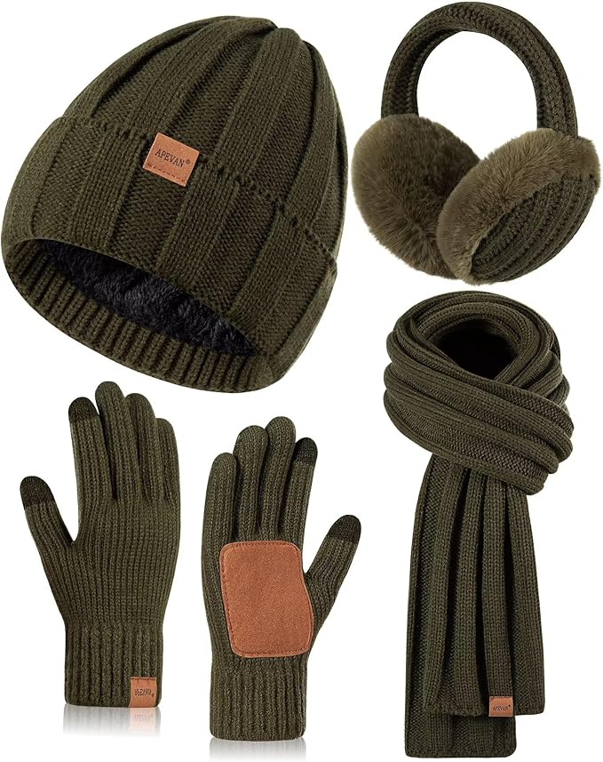Winter Hat Gloves Scarf Earmuffs Set for Women, Fleece Lined Beanie Long Scarf Touchscreen Gloves Ear Warmer, 4 in 1 Gift Set