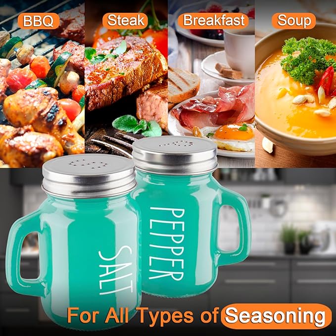 Turquoise Salt and Pepper Shakers Set - Teal Kitchen Decor and Accessories for Home Restaurants Wedding - Glass Salt and Pepper Set for Cooking Table, RV, BBQ, Easy to Clean & Refill