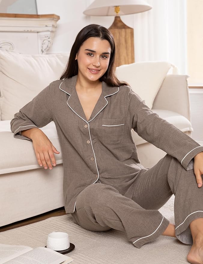 Womens Pajama Sets 100% Double Gauze Cotton Linen Like Muslin Pajamas Long Sleeve Button Down Sleepwear Soft Pjs Lounge Set