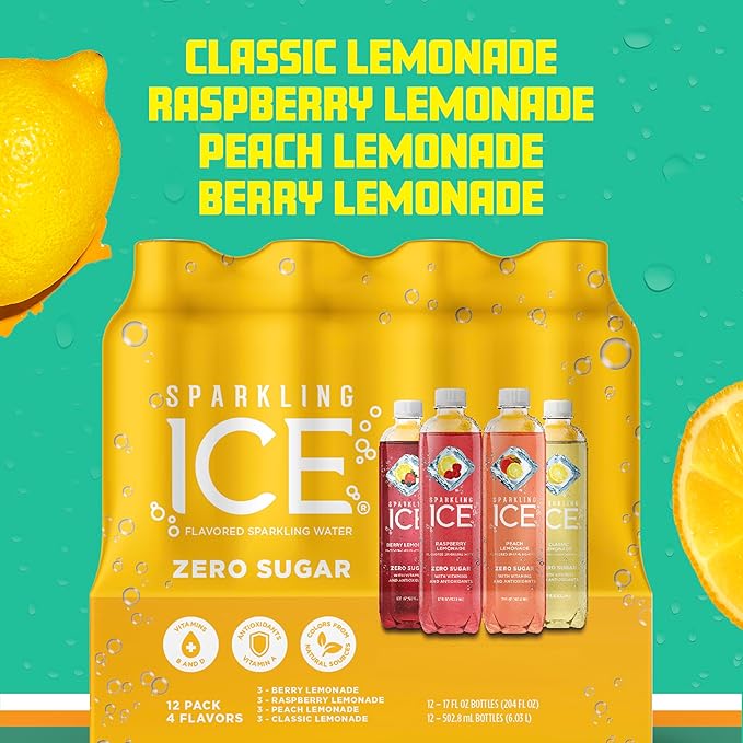 Sparkling Ice Lemonade Variety Pack, Zero Sugar Sparkling Water, with Vitamins and Antioxidants, 17 fl oz, 12 count (Lemonade Flavors: Classic, Raspberry, Peach & Berry)