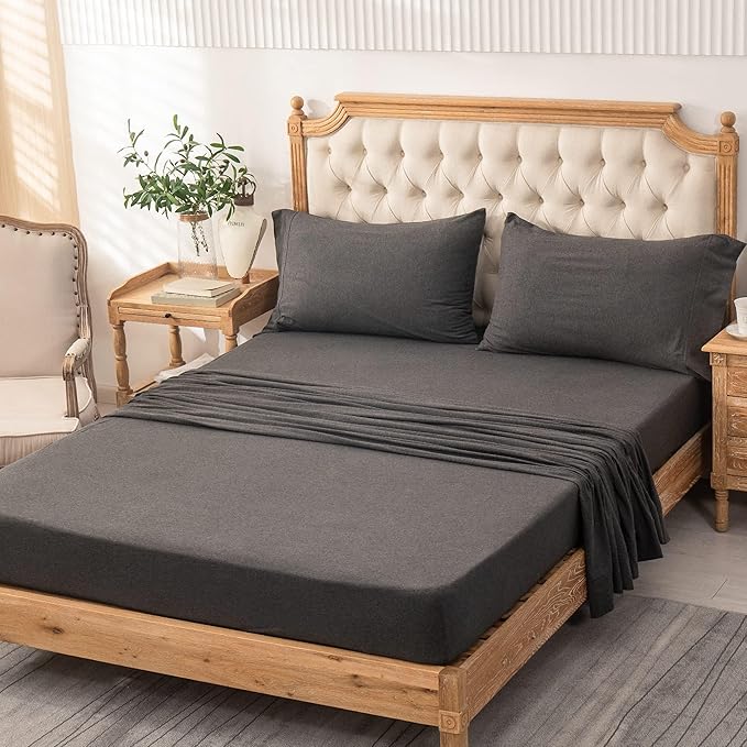 PURE ERA Jersey Knit 3pcs Bed Sheet Set 100% T-Shirt Heather Cotton Super Soft Comfy Breathable Fits Mattress Up to 20" Extra Deep Pocket (Charcoal Dark Grey,Twin XL)