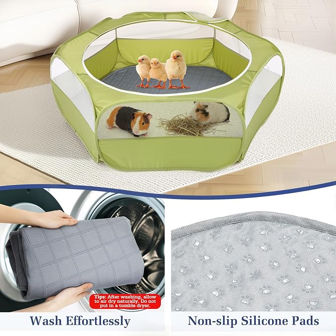 Pawaboo 2-in-1 Small Animals Playpen with Pad, Green+Gray | Waterproof, Reusable Pad, Portable Outdoor Yard Fence with 3 Metal Rod, For Chick/Kitten/Guinea Pig/Rabbits/Chinchillas
