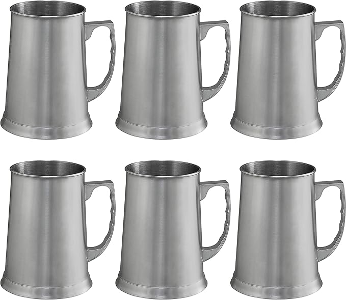 DISCOUNT PROMOS Stainless Steel Beer Stein Mug 13.5 oz. Set of 6, Bulk Pack - Great for Restaurant, Brewery, Pub - Silver