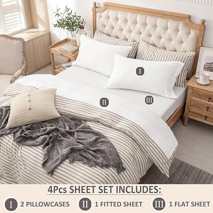 PURE ERA Jersey Knit 4pc Bed Sheet Set 100% T-Shirt Cotton Super Soft Comfy Breathable Fits Mattress Up to 20" Extra Deep Pocket (Solid Bright White, Full)
