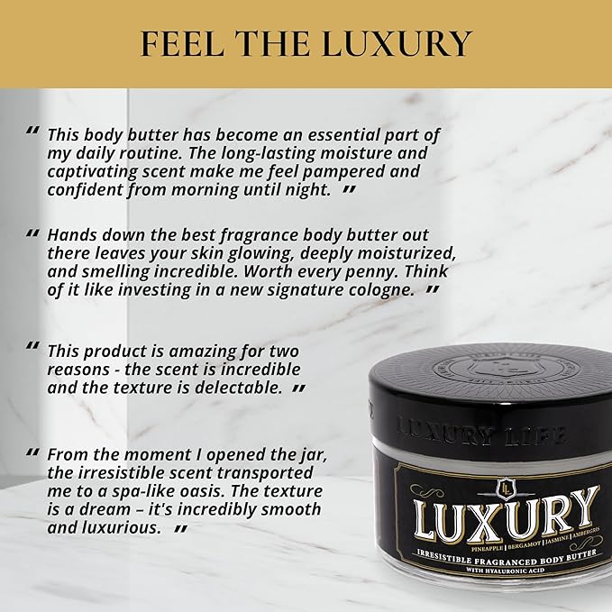 LUXURY LIFE BUTTER - Irresistibly Scented Body Butter with Hyaluronic Acid for Ultimate Moisture. Hydrates for a Non-Greasy Glamorous Glow (Presidential, Fresh Attraction, Midnight Seduction 5 oz)