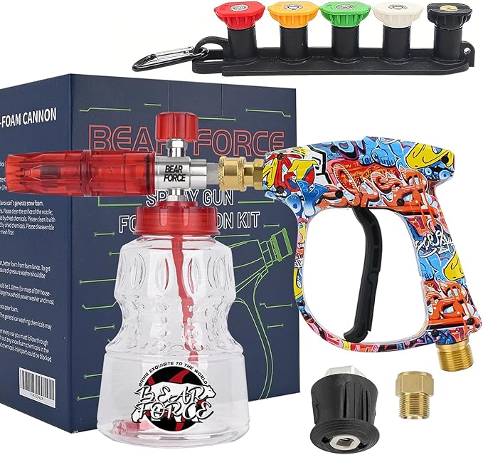 Pressure Washer Spray Gun M22-14 Max 3000 PSI with 1/4" Quick Connector Snow Foam Lance & 5 Spray Tips & Clip Nozzle Holder, Compatible for Some of Greenworks Kar-cher Ryobi Homelite Pressure Washer