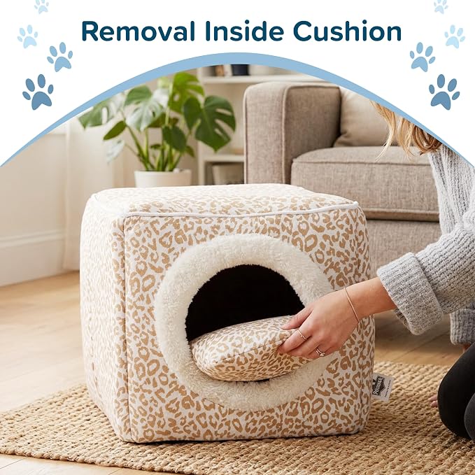 Cat House - Indoor Bed with Removable Foam Cushion - Cat Cave for Puppies, Rabbits, Guinea Pigs, and Other Small Animals by PETMAKER (Animal Print)