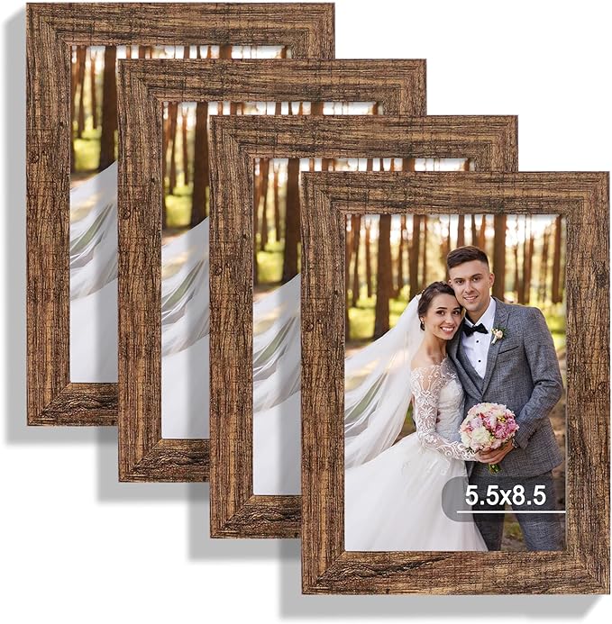 5.5x8.5 Picture Frame Set of 4, Made of Real Glass and Rustic Brown Frame, 5.5 by 8.5 Photo for Wall or Tabletop