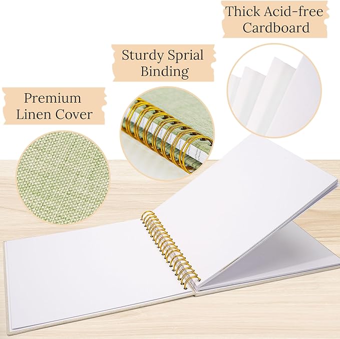 Scrapbook Photo Album Linen Cover, 12 x 12 Inch Hardcover Kraft White Pages Memory Book, for Travel Wedding Guest Book Christmas Baby Shower (40 Sheets/ 80 Pages,Grassgreen)