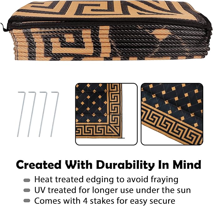 SAND MINE Reversible Mats, Plastic Straw Rug, Modern Area Rug, Large Floor Mat and Rug for Outdoors, RV, Patio, Backyard, Deck, Picnic, Beach, Trailer, Camping (9' x 18', Brown & Black)