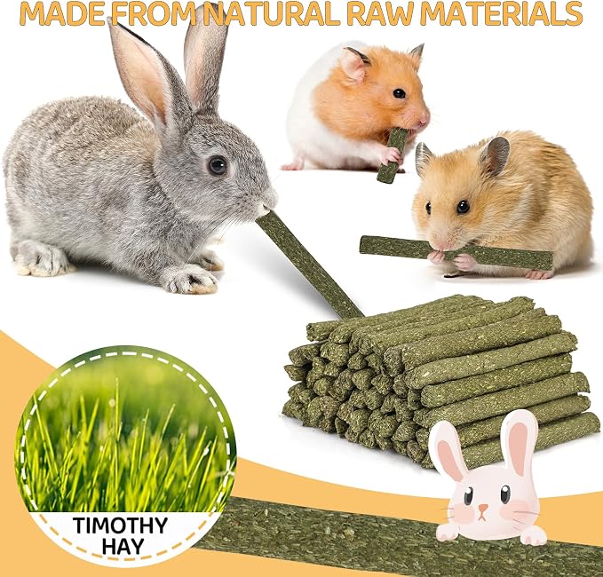 52Pcs Rabbit Chew Sticks, Guinea Pig Toys, Natural Timothy Hay Teeth Stick | Timothy Grass Molar Teeth Stick, Guinea Pig Timothy Hay, Chew Toys for Bunny, Rabbits, Hamsters, Small Animals Treats