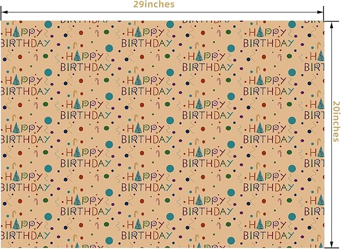 PlandRichW Birthday Wrapping Paper for Kids Girls Women Boys Men,12 Sheets Kraft Brown Recycled Gift Wrapping Paper 4 Styles of ''Happy Birthday'' Balloon Rainbow Stars Precut 20" X 29" Folded