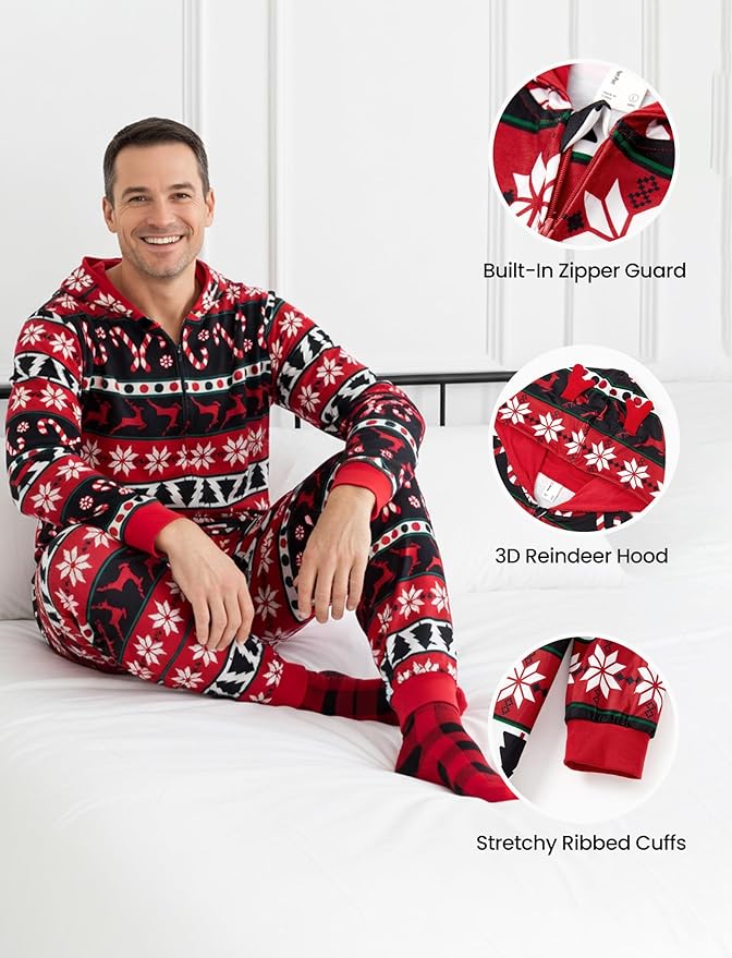 PATPAT Matching Family Christmas Onesie Pajamas – Holiday Hooded Jumpsuit Sleepwear PJs Couples Xmas Loungewear with Socks