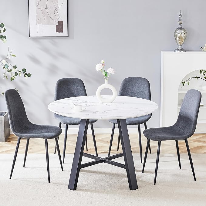 Round Dining Table Set for 4, Modern Kitchen Dining Table Chairs Set for 4, 42 Inch Small Round White Dining Table Set & 4 Upholstered Fabric Chairs for Kitchen Living Office Cafe Small Space
