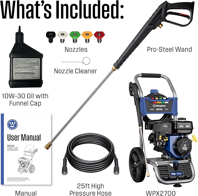 Westinghouse WPX2700 Gas Pressure Washer, 2700 PSI and 2.3 Max GPM, Onboard Soap Tank, Spray Gun and Wand, 5 Nozzle Set, for Cars/Fences/Driveways/Homes/Patios/Furniture