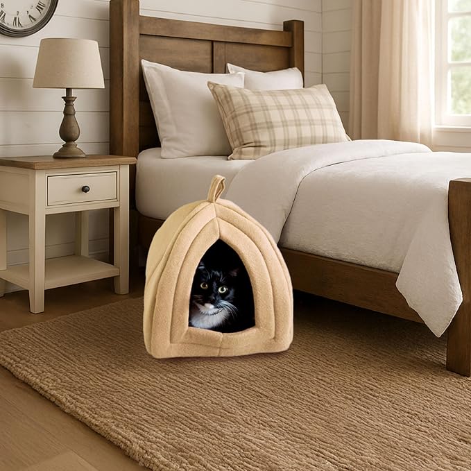 Cat House - Indoor Bed with Removable Foam Cushion - Pet Tent for Puppies, Rabbits, Guinea Pigs, Hedgehogs, and Other Small Animals by PETMAKER (Tan) | Plush Cat Tent Bed for Small Kittens, Rabbits, Guinea Pigs, and Other Small Animals, Comfortable Coz...