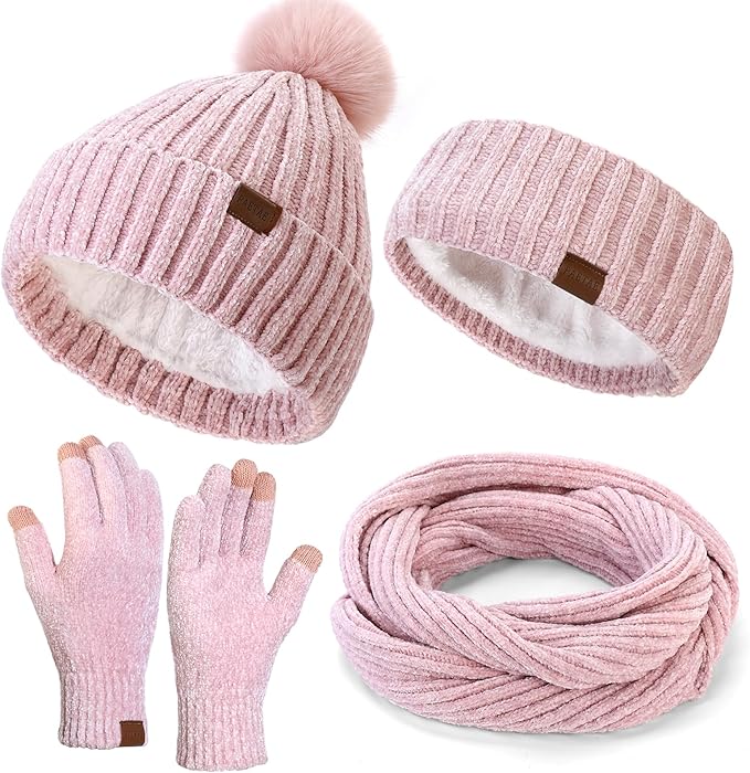 Winter Hats Gloves Scarf Set for Women, Beanie Hat Headband Ear Warmer, Infinity Scarf Touchscreen Gloves for Cold Weather