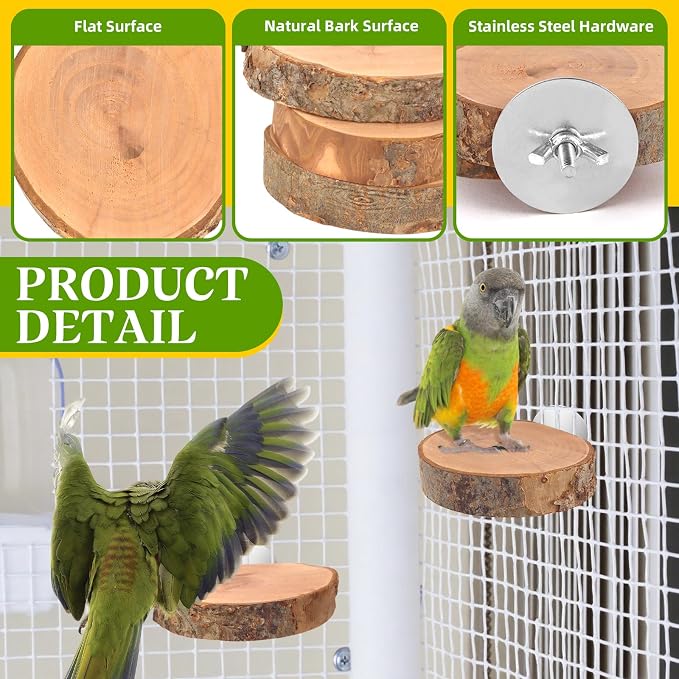 4 Pcs Natural Apple Wood Round Bird Perch Platform for Cage | Fits Small Parrots (Budgies, Conures) | Multi-Level Habitat Gym to Relieve Foot Strain | Tool-Free Mount