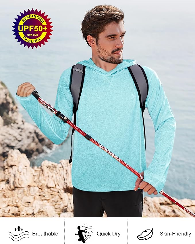 Roadbox Mens UPF 50+ Fishing Shirts, Long Sleeve UV Sun Hoodie, Hiking Running Swim Athletic Workout Shirt