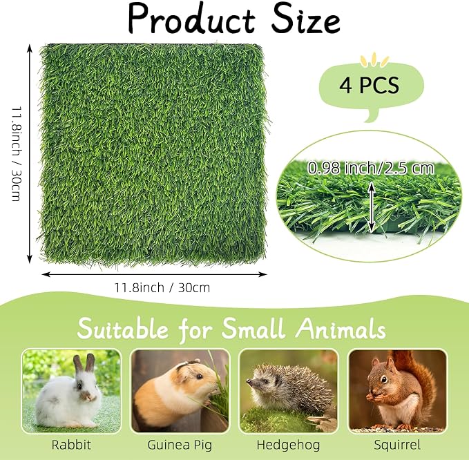Hamiledyi 4 Pcs Artificial Rabbit Grass Mats Reusable Guinea Pig Pee Pads 11.8" x 11.8" Washable Turf Fake Grass Plastic Bunny Mat for Rabbit Chinchilla Small Pets Indoor Outdoor Trainer