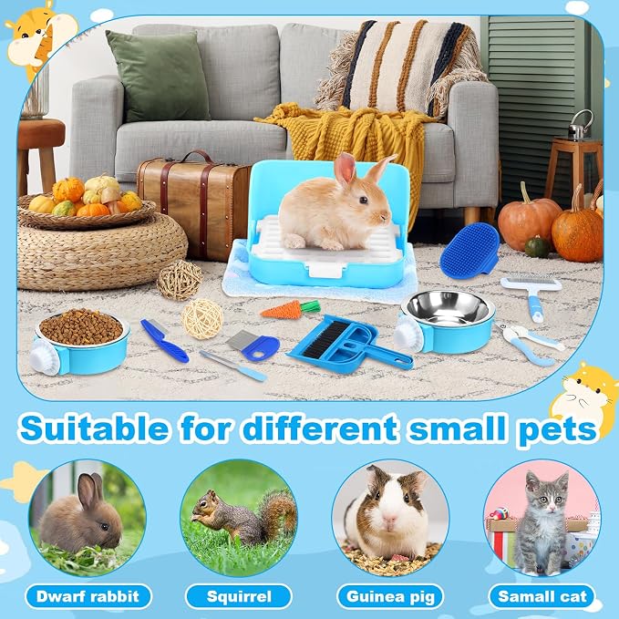 Reallnaive 15 Pcs Rabbit Starter Kit Small Rabbit Litter Box Girls Gift Animal Grooming Kit Bunny Toys Bowl Blankets with Cleaning Set for Guinea Pig Accessories(Light Blue)