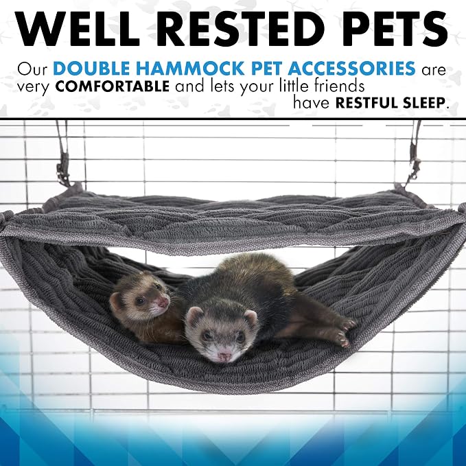 Ferret Hammock for Cage - Plush Double Bunk Bed Hanging Clips - Perfect for 2 or More Small Pets! (Rats, Ferrets, Hamsters, Guinea Pigs, Chinchillas & Squirrels) - Blue