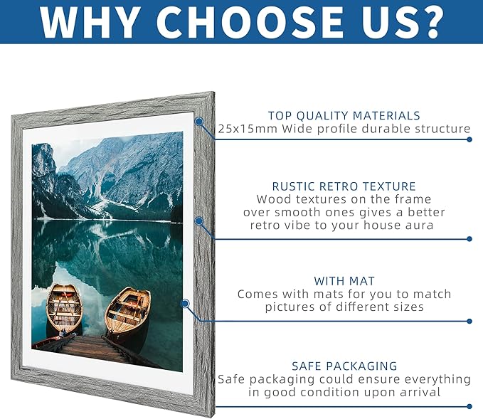 12x16 Picture Frame Set of 2, Rustic Grey Wood Style - Display 12 x 16 Poster without Mat or 11x14 Picture with Mat, Wall Mounting Horizontal and Vertical