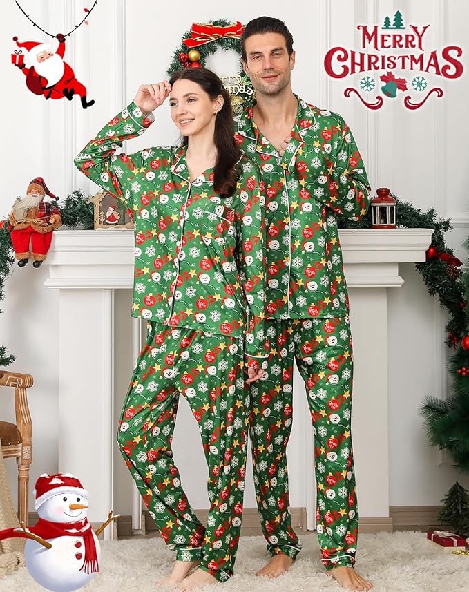 ANGELGGH Family Christmas PJs Matching Sets 2 Pcs Festival Party Pajamas Holiday Warm Sleepwear Couples Button Loungewear