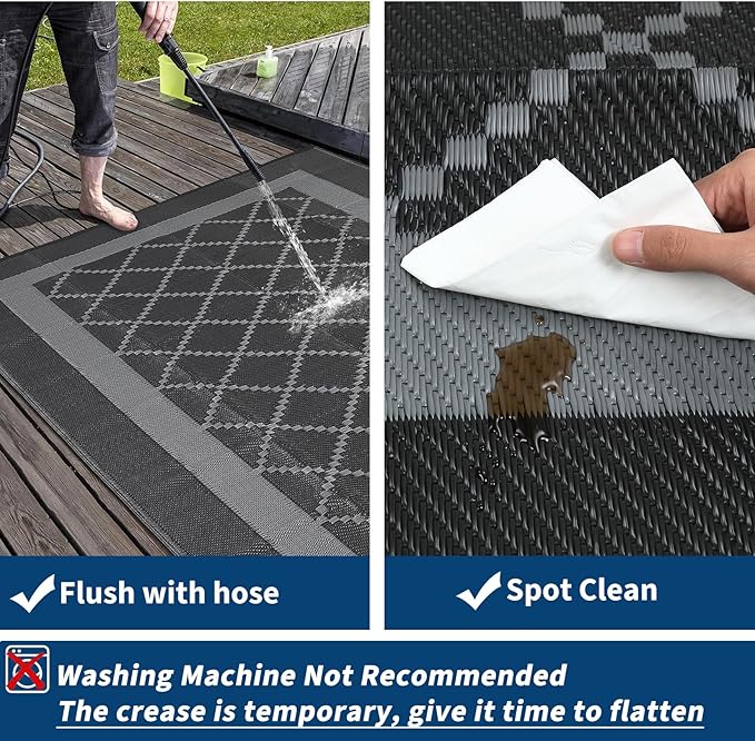 Outdoor Rug for Patio 9x12 Waterproof Camping Mat Reversible Plastic Straw Floor Carpet Modern Diamond Indoor Outdoor Large Area Rug for RV Deck Balcony Backyard Black/Grey