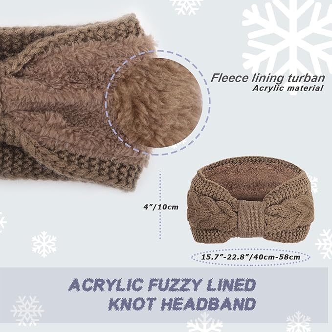 AQOKKA Knit Winter Headbands for Women Fuzzy Wool Fleece Lined Ear Warmers Elastic Turban Crocheted Head Wrap Winter Accessories for Women Cold Weather