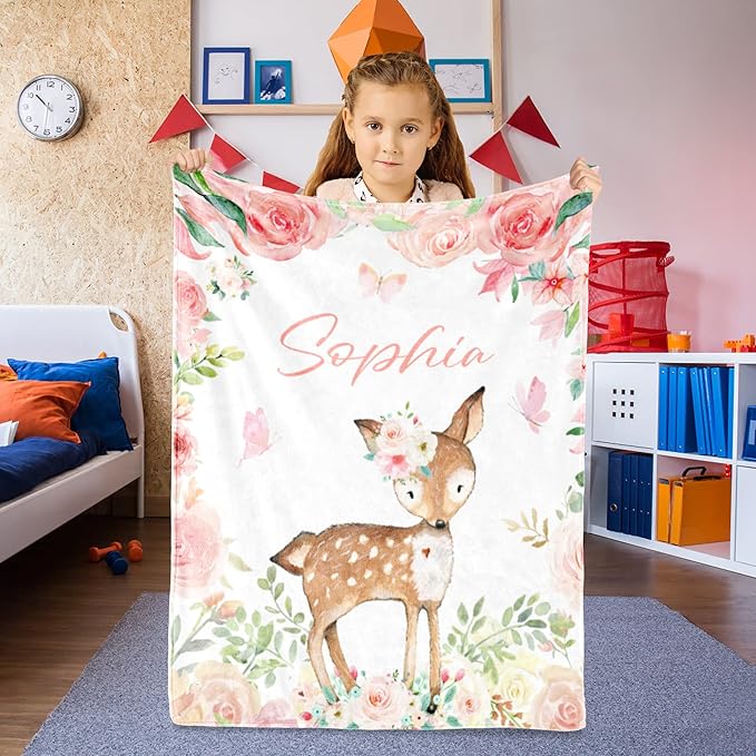 Personalized Deer Blanket with Name for Girl, Custom Name Blanket for Teen, Soft Flannel Deer Blankets Customized Gift for Birthday 50"x60"
