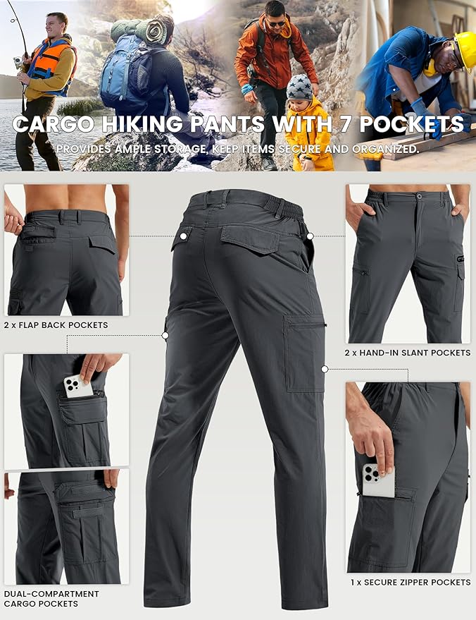 MOURCE Hiking Pants Men Lightweight Quick-Dry - Water Resistant Stretch Travel Pants with 7 Pockets for Outdoor Fishing