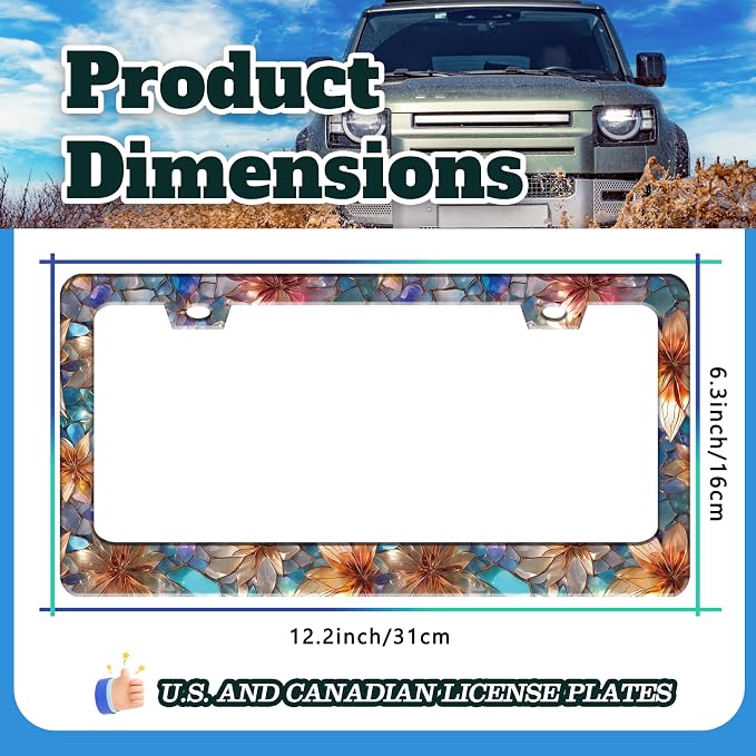 Beautiful Glass Flowers License Plate Frame Floral License Plate Holder | Stainless Steel For Front And Rear Car Tags Funny For Car Decoration Accessories With Screws 6.3 X 12.2 In For Women Men