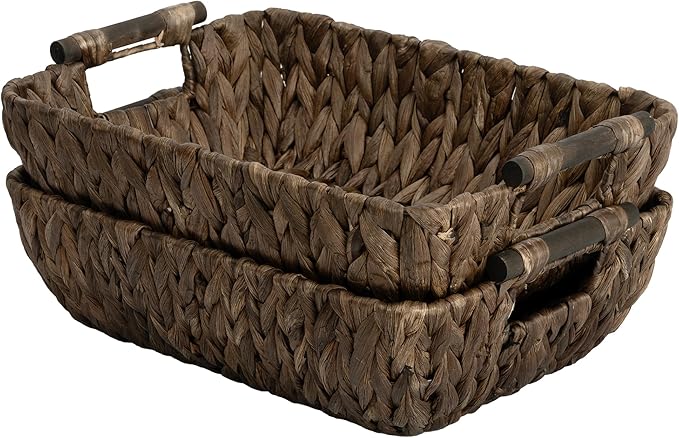 StorageWorks Wicker Baskets for Organizing, Woven Basket with Wooden Handles, Wicker Storage Baskets for Bathroom, Brown, 2-Pack