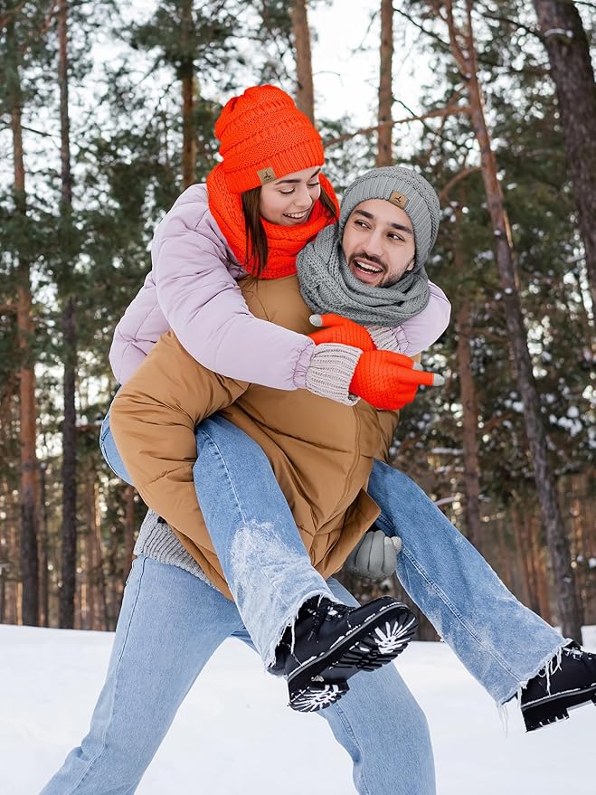 Winter Beanie Hat Scarf Gloves, Warm Fleece Knit Hats Touch Screen Gloves Neck Scarf Set Winter Gifts for Unisex Adult