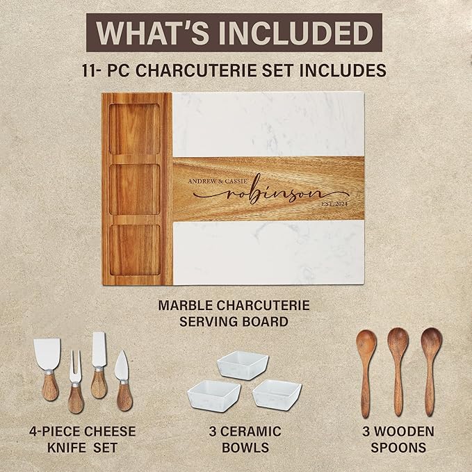 Personalized Wedding Gifts for Couples,Marble Wood Charcuterie Board,Newlyweds,Bridal Shower Gifts for Bride, Husband,Wife,Engagement Gifts,Mr and Mrs Gifts,Custom Laser Engraved Cheese Serving Board