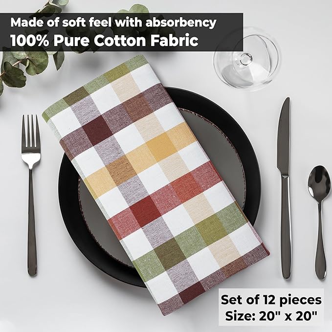 Urban Villa Cotton Dinner Napkins Set of 6, Highly Absorbent 20x20 Inches Premium Cloth Napkins Hotel Quality Reusable & Washable Table Dinner Napkins for Home & Weddings - Harvest, Checks
