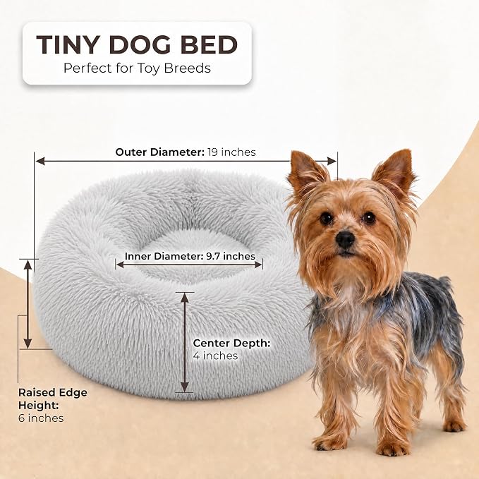 Calming Donut Small Dog Bed for Chihuahua Yorkie Maltese Shih Tzu | 19 Inch Washable Puppy Bed,Ultra Soft Faux Fur Round Dog Bed,Grey