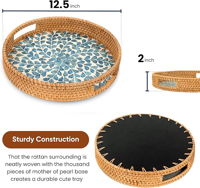 KOLWOVEN Round Rattan Tray with Handle, Rattan Serving Tray with Mother of Pearl Inlay Wooden Base, Decorative Wicker Basket for Table Decor (Blue Leaves)