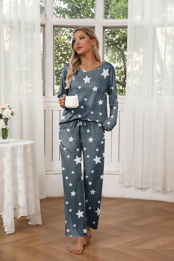 Ekouaer Womens 2 Pack Pajama Set Long Sleeve Pajamas Top and Pants V Neck Pjs Set Soft Loungewear with Pockets