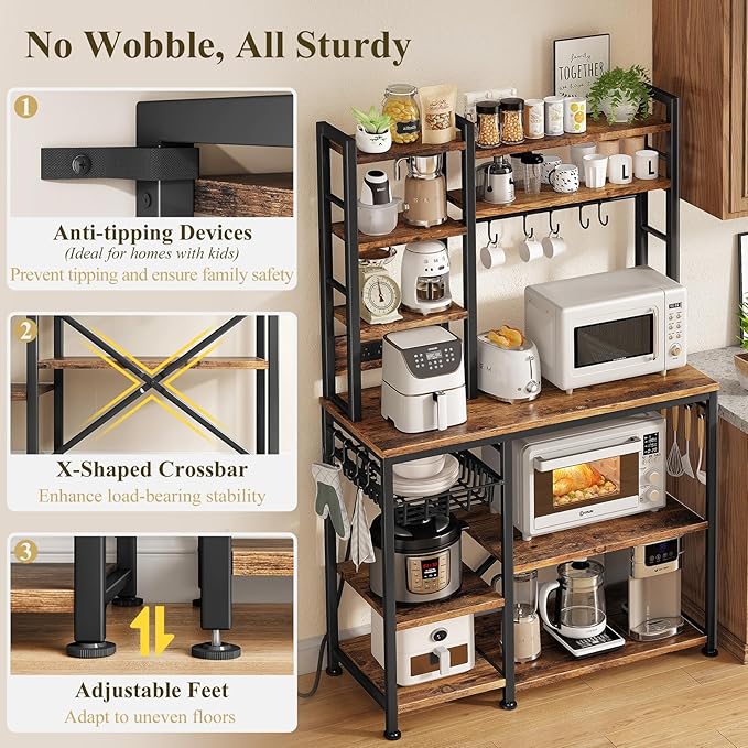 SNTD Baker Rack with Power Outlet - Microwave Stand with Storage, Large Coffee Bar Station with 14 Hooks, Metal Kitchen Shelf Rack for Spices, Pots (Rustic Brown) | with Power Outlet, with Storage, with 14 Hooks, for Spices, for Pots