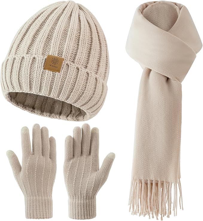 Women Winter Hat Beanie+Long Scarf+Touch Screen Gloves Set, Warm Clothes Set with Knit Fleece Lined for Women/Men Winter