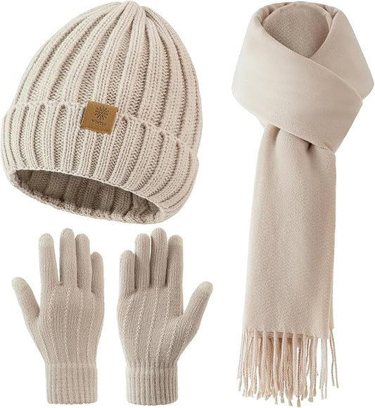 Women Winter Hat Beanie+Long Scarf+Touch Screen Gloves Set, Warm Clothes Set with Knit Fleece Lined for Women/Men Winter
