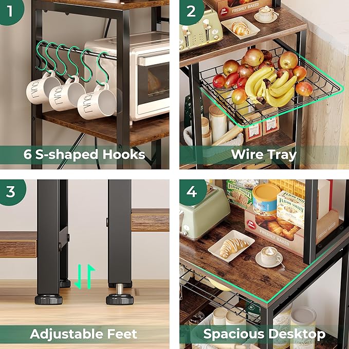 SUPERJARE Bakers Rack with Power Outlet, 47.2 Inches Coffee Bar with 3 Level-Adjustable Open Shelves, Wire Basket, Kitchen Microwave Stand with 6 S-Shaped Hooks, Rustic Brown