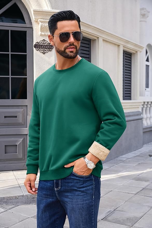 Boladeci Men's Full Sherpa Lined Crewneck Sweatshirts Heavy-weight Fleece Pullover Thick Thermal Long Sleeve Cotton