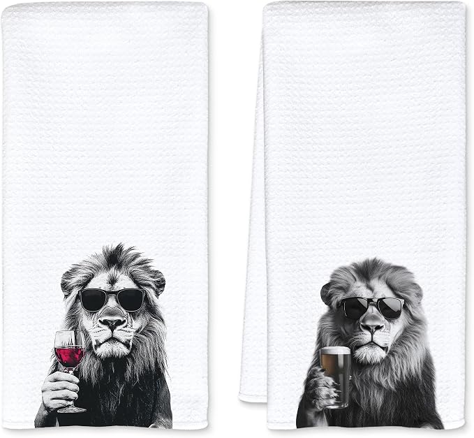 Funny Lion Kitchen Towels Set of 2, Funny Kitchen Decor, Wine Station Wine Bar Decor, Black and White Lion Owner Gift Hand Towel, Dining Room Decorative Tea Towel Dish Towels 16x24 Inch