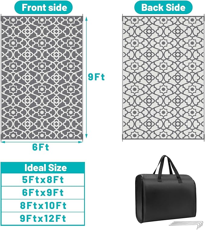 HEBE Outdoor Rug Waterproof 6x9, Plastic Straw Rug Camping Rug, Reversible Outdoor Patio Rugs RV Mat Clearance, Indoor Outside Floor Carpet for Porch,Deck,Camper,Balcony,Backyard