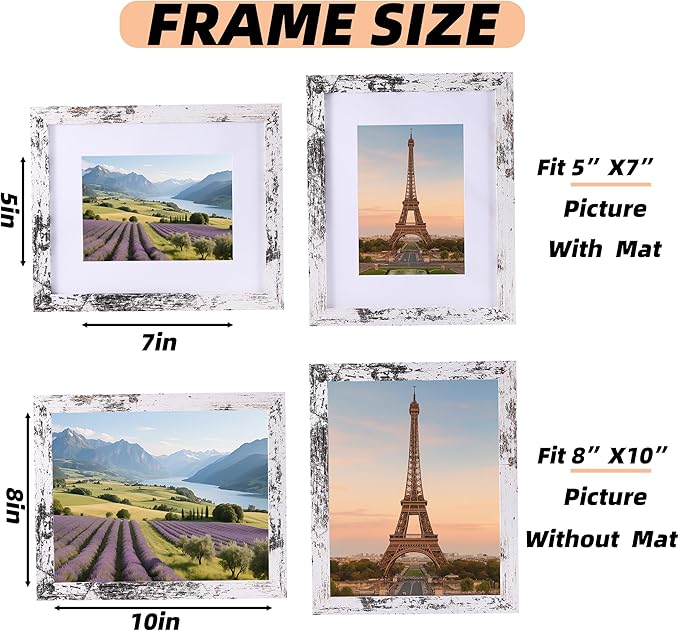 3 Pcs 8x10 Rustic White Wood Picture Frame - Display Pictures 5x7 with Mat or 8 x 10 without - Distressed White Wooden Photo Frames for Wall Mounting or Table 8 10 Matted to 5x7 Farmhouse Set of 3