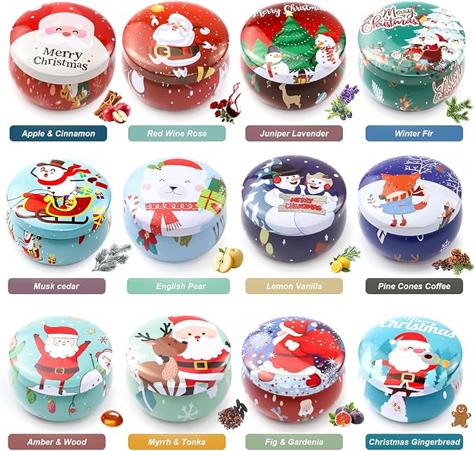 Christmas Scented Candle Gift 12 Pack, Christmas Candles for Home Scented, 100% Natural Soy Wax Long Lasting Jar Aromatherapy Candle Gifts for Women Men Adult