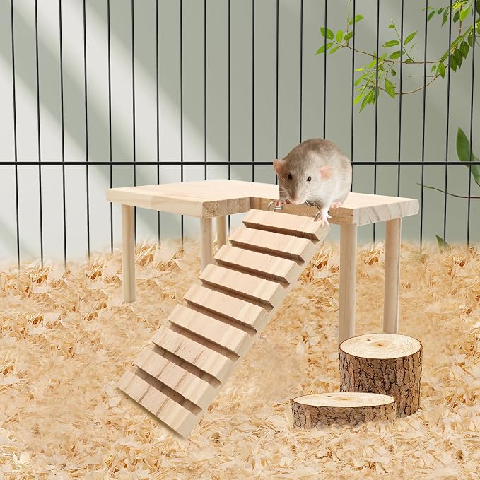 Hamster Wooden Platform with Legs, Small | Small Animal Climbing Ladder, Standing Rat Guinea Perch, Chew Toy, Cage Accessories